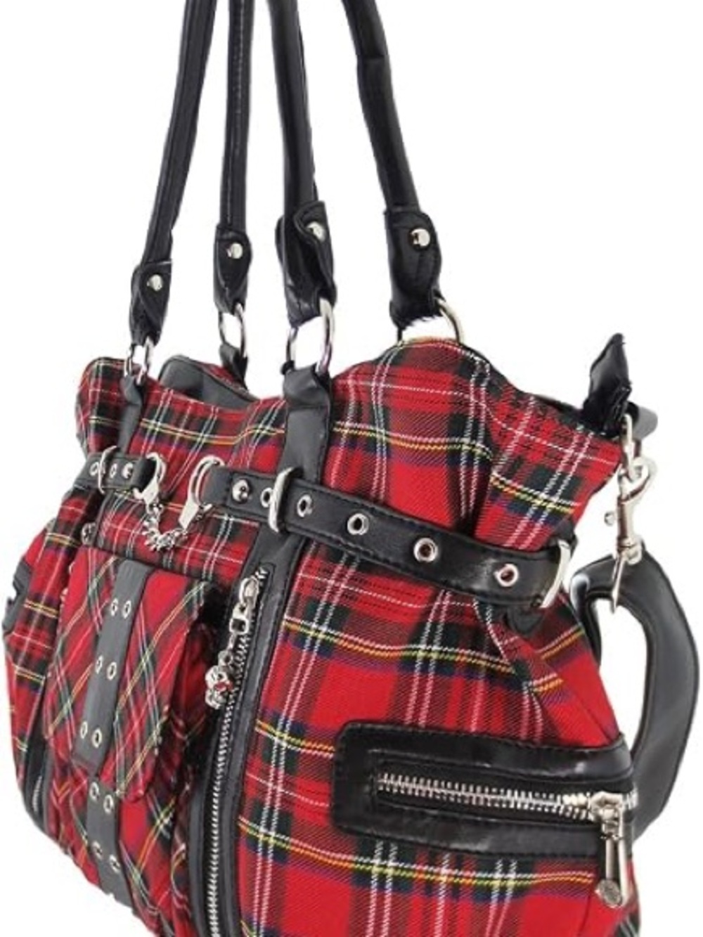 Red Plaid Tote Bag with Black Trim and Stud Details - Picture 4 of 5